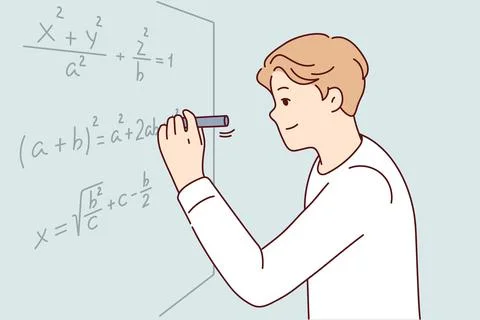 Man solves complex mathematical problems by completing tasks of university Stock Illustration