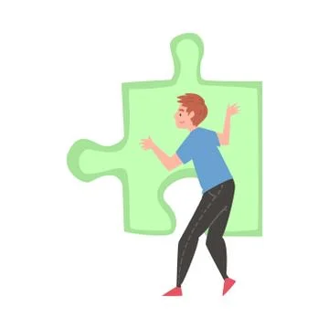 Man Solving Jigsaw Puzzle, Back View of Guy Trying to Connect Big Green Puzzle Illustrazione stock