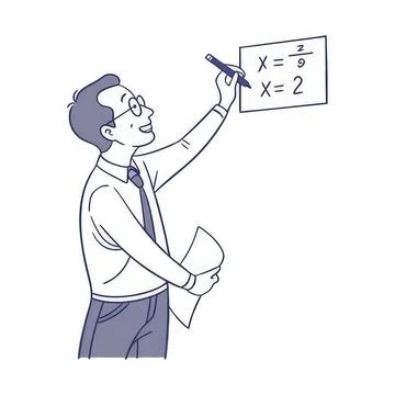 Man solving math problem on whiteboard with equations Stock Illustration