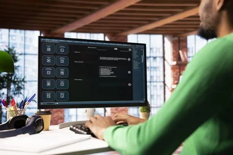 Man solving personal tasks with AI LLM chatbot Stock Photos