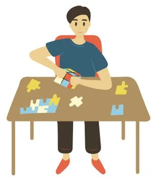 Man Solving Puzzles Intellectual Games Vector 스톡 일러스트