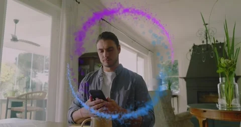 Man sorting business documents is activating digital ring swiping phone and Stock Footage 317716172