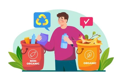 Man Sorting organic and non-organic waste Illustration concept on white backg Stock Illustration