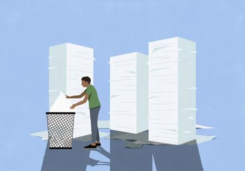 Man sorting organizing stacks of paperwork Stock Illustration