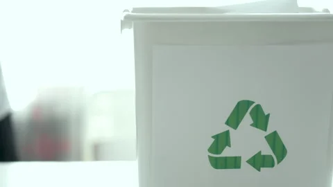  Man sorting plastic bottles and paper waste into recycling bins at home kitchen Stock Footage 330885856