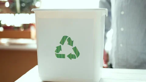  Man sorting plastic bottles and paper waste into recycling bins at home kitchen Stock Footage 330888570