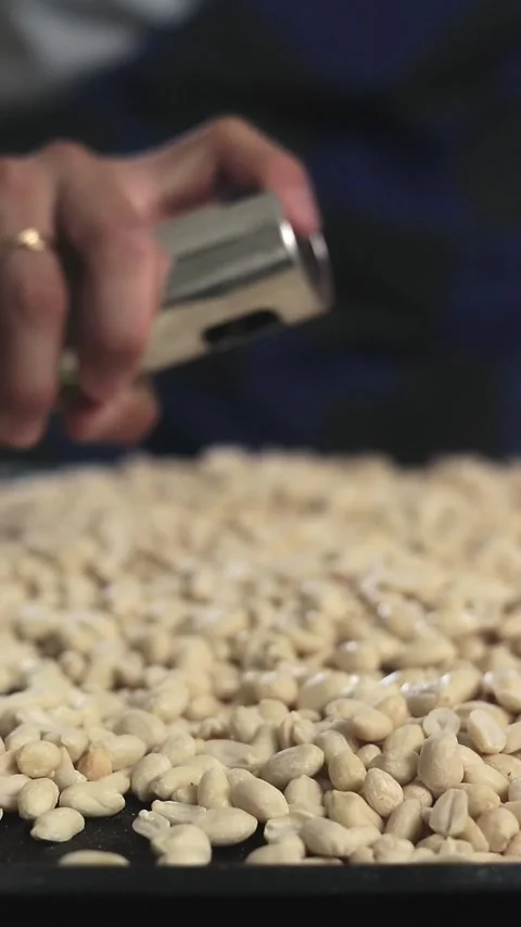 Man sorting raw peanuts by hand in a rustic setting for roasting Stock Footage 305855770