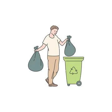 Man sorting waste in bags. Vector doodle line illustration of solving Stock Illustration