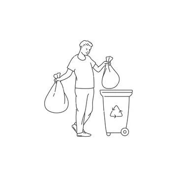 Man sorting waste in bags. Vector black white doodle line illustration of Stock Illustration
