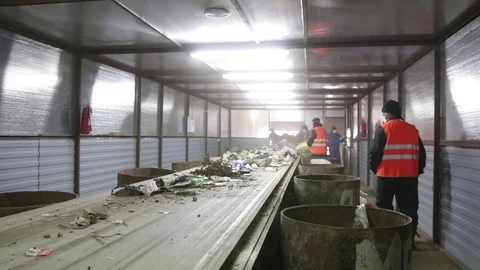 Man sorts garbage on the conveyor Stock Footage 82054384