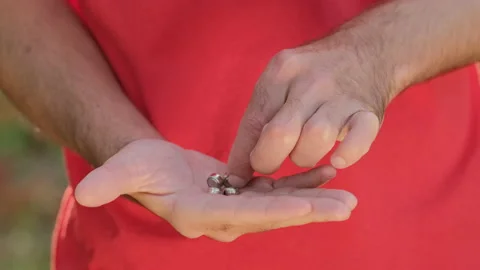 The man sorts the small pill-shaped batteries in his palm Stockbeeldmateriaal 141855835