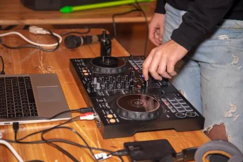 Man of the sound engineer has working on sound mixer Stock Photos