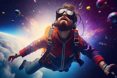 A man in a space suit is floating in the air with a pair of goggles on affi.. Ilustração Stock