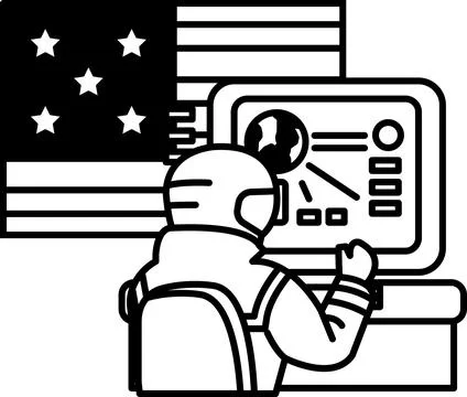 A man in a space suit is sitting in front of a computer monitor Stock Illustration