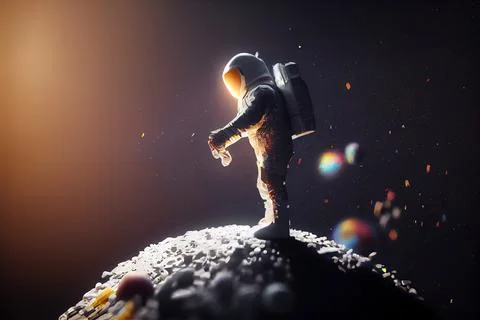 A man in a space suit standing on the moon with a backpack on his back reds.. Illustrazione stock