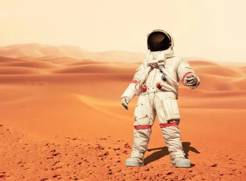 Man in a space suit standing on the red planet Mars. Spaceman conquer a new p Stock Illustration