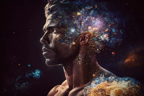 A man with a space theme on his face and neck with a lot of stars in the sp.. Illustrazione stock