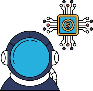 A man in a spacesuit is looking at a computer screen with a dollar sign on it Stock Illustration