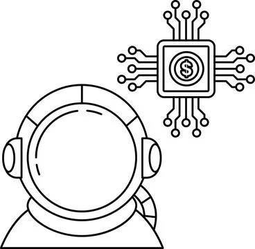 A man in a spacesuit is looking at a computer screen with a dollar sign on it Illustrazione stock