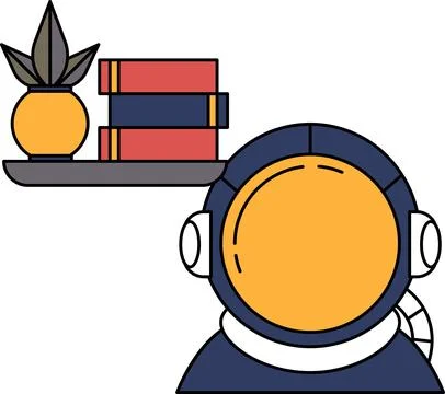 A man in a spacesuit is standing in front of a shelf with a vase and books Stock Illustration