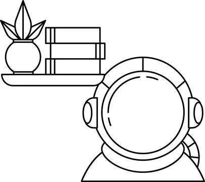 A man in a spacesuit is standing in front of a shelf with a vase and books Stock Illustration