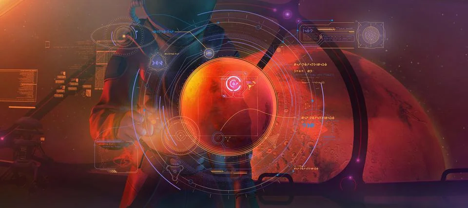 A man in a spacesuit studies data from Mars. Illustrazione stock