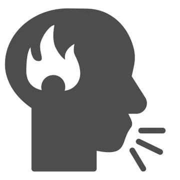 Man speak loud solid icon. Angry person, shouting head with fire symbol, glyph Illustration