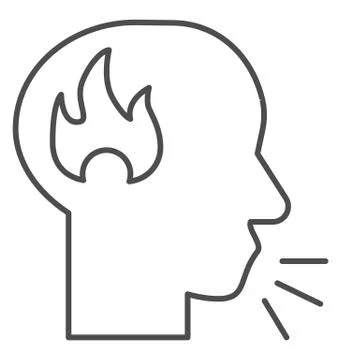 Man speak loud thin line icon. Angry person, shouting head with fire symbol Illustration