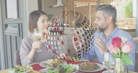 Man speaking and gesturing to illustrate data viz while binary globe appears Stock Footage 320602970