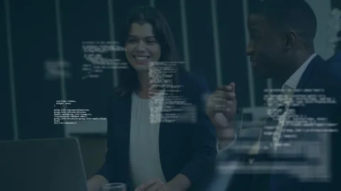 Man speaking and gesturing starting tech talk, woman using laptop, code overlay Stock Footage 334768627
