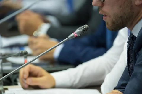 Man speaking at the conference Stock Photos
