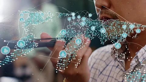 Man speaking into phone, activating tech dotted world map, populating and Stock Footage 337904993