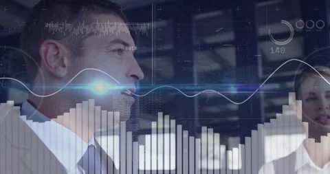 Man speaking sparking charts rising while two women stepping and gesturing, Stock Footage 331565440