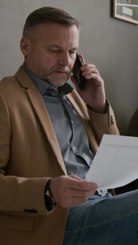 Man Speaking Urgently on Phone in Queue in Modern Bank Stock Footage 330963998