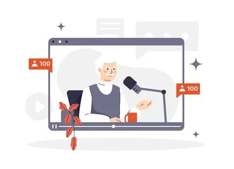 A man speaks into a microphone, interacting with his audience Stock Illustration