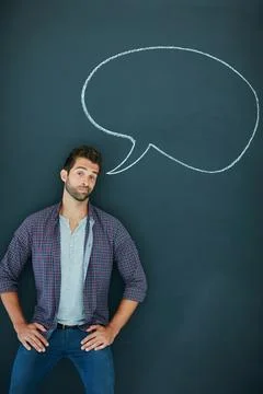 Man, speech bubble and idea in portrait, blackboard and mockup space for op.. Stock Photos