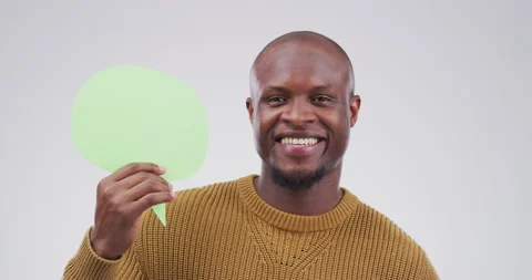 Man, speech bubble poster and confused for language, translation and social Stock Footage 253965192