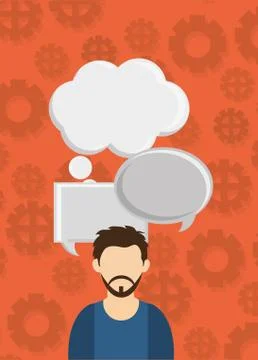 Man with speech bubbles and gear pattern background image Stock Illustration