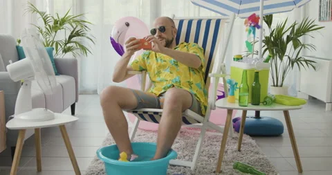 Man spending summer vacations at home and taking selfies Stock Footage 162381401