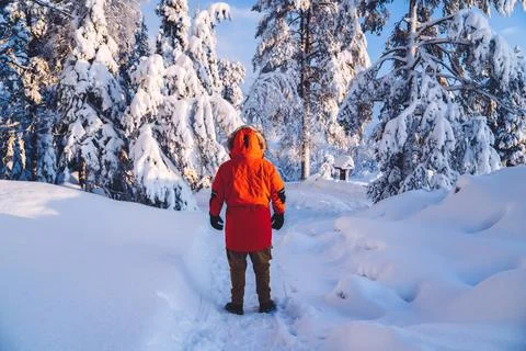 Man spending time in forest during vacation holidays on northern nature Stock Photos