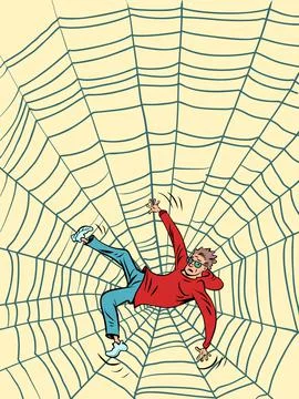 Man in a spider's web, natural trap thin sticky threads. The Invisible Danger of 스톡 일러스트