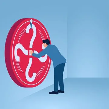 A man spins a spin with a question mark in the middle, an illustration for .. Illustrazione stock
