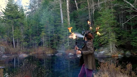 Man spitting fire during fire jamming Stock Footage 145004036