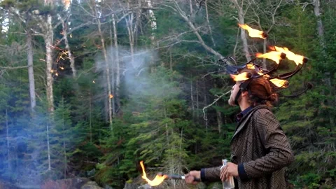 Man spitting fire during fire jamming Stock Footage 145004319