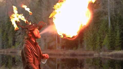 Man spitting fire during fire jamming Stock Footage 145006805