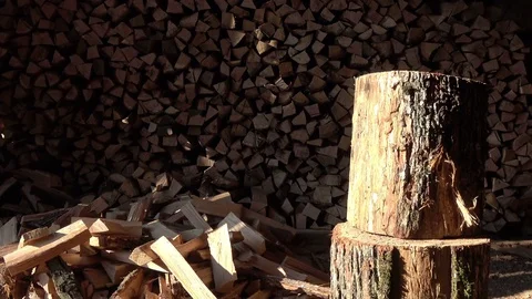 A man split oak log by the axe Stock Footage 71945341