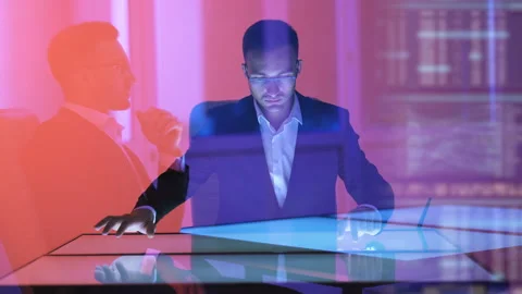 The man with a split personality working with a touchscreen screen Stock Footage 100560171