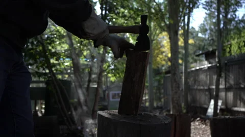 A man splitting a log up at his cabin in the woods Stock Footage 243321796