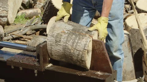 Man splitting tree blocks with Hydraulic wood splitter. Stock Footage 217580036