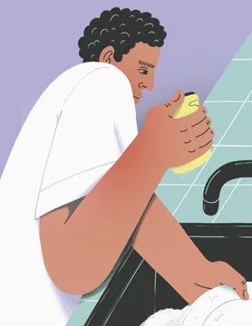 Man with sponge washing dishes at kitchen sink Illustrazione stock
